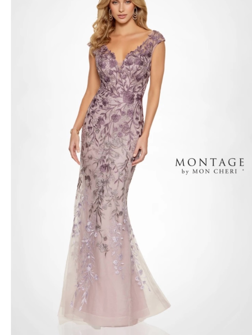Montage by Mon Cheri Dusty Lilac Floral Embroidered V-Neck Gown M522 Size 14